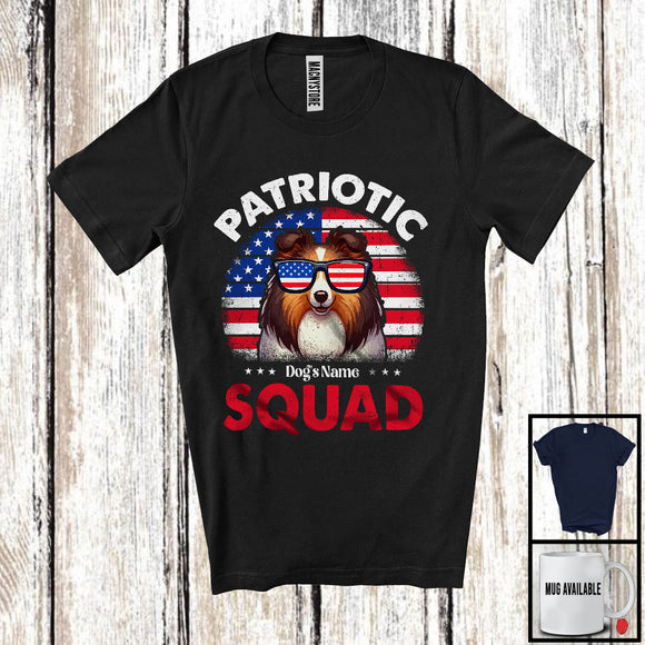 MacnyStore - Personalized Patriotic Squad, Adorable 4th Of July Custom Name Shetland Sheepdog, USA Flag Vintage T-Shirt