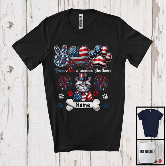 MacnyStore - Personalized Peace Love American Shorthairs, Awesome 4th Of July Custom Name Kitten, Patriotic T-Shirt