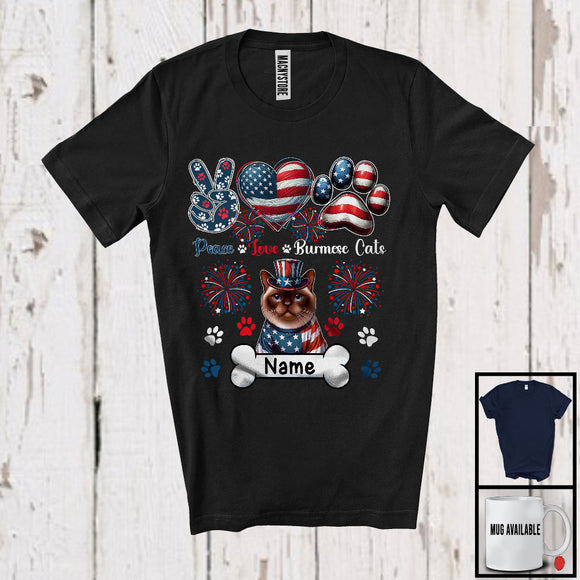 MacnyStore - Personalized Peace Love Burmese Cats, Awesome 4th Of July Custom Name Kitten, Patriotic T-Shirt
