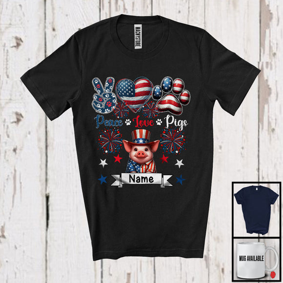 MacnyStore - Personalized Peace Love Pigs, Awesome 4th Of July Custom Name Kitten, Patriotic T-Shirt