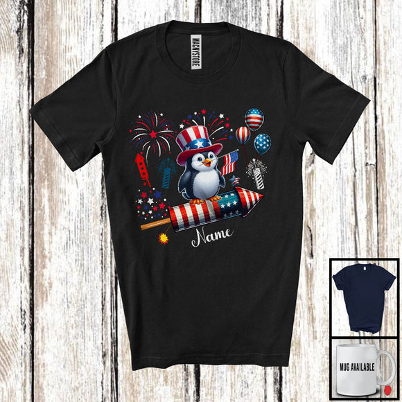 MacnyStore - Personalized Penguin Riding Firecracker, Lovely 4th Of July USA Flag Custom Name, Bird Animal T-Shirt