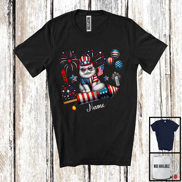 MacnyStore - Personalized Persian Cat Riding Firecracker, Lovely 4th Of July USA Flag Custom Name, Kitten Owner T-Shirt