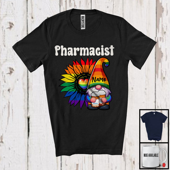 MacnyStore - Personalized Pharmacist, Colorful LGBTQ Pride Sunflower Gnome, Custom Name Gay Flag Rainbow T-Shirt