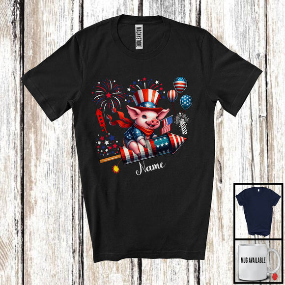 MacnyStore - Personalized Pig Riding Firecracker, Lovely 4th Of July USA Flag Custom Name, Farm Animal T-Shirt
