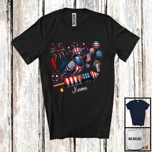MacnyStore - Personalized Pigeon Riding Firecracker, Lovely 4th Of July USA Flag Custom Name, Bird Animal T-Shirt