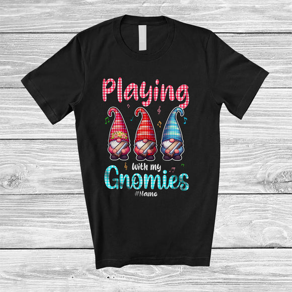 MacnyStore - Personalized Playing With My Gnomies; Joyful Valentine 3 Gnomes; Custom Name Harmonica Player T-Shirt