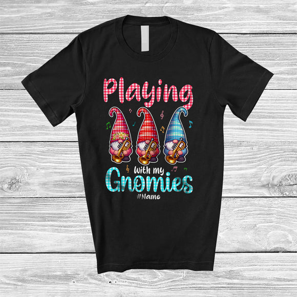 MacnyStore - Personalized Playing With My Gnomies; Joyful Valentine 3 Gnomes; Custom Name Trumpet Player T-Shirt