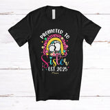 MacnyStore - Personalized Promoted To Sister Est 2025; Lovely Pregnancy Leopard Rainbow; Custom Name Family T-Shirt