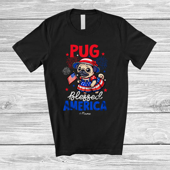 MacnyStore - Personalized Pug Blessed America; Lovely 4th Of July Custom Name Pug Women; Patriotic T-Shirt