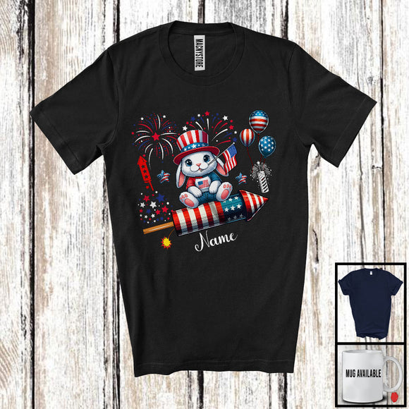 MacnyStore - Personalized Rabbit Riding Firecracker, Lovely 4th Of July USA Flag Custom Name, Zoo Animal T-Shirt