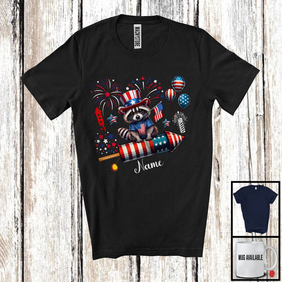 MacnyStore - Personalized Raccoon Riding Firecracker, Lovely 4th Of July USA Flag Custom Name, Zoo Animal T-Shirt