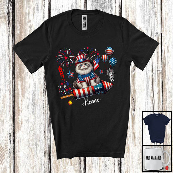 MacnyStore - Personalized Ragdoll Riding Firecracker, Lovely 4th Of July USA Flag Custom Name, Kitten Owner T-Shirt