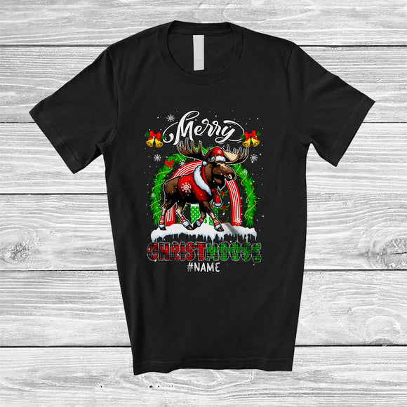 MacnyStore - Personalized Rainbow Merry Christmoose; Merry Christmas Lights Santa Moose Red Green T-Shirt