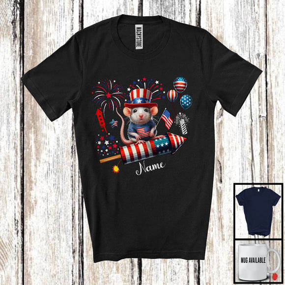 MacnyStore - Personalized Rat Riding Firecracker, Lovely 4th Of July USA Flag Custom Name, Zoo Animal T-Shirt