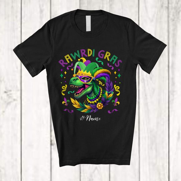 MacnyStore - Personalized Rawrdi Gras; Joyful Mardi Gras Masked Beads T-Rex; Custom Name Festival Parades T-Shirt