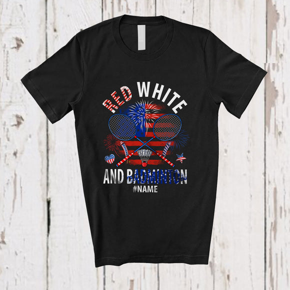 MacnyStore - Personalized Red White And Badminton; Amusing 4th Of July US Flag; Custom Name Player Patriotic T-Shirt