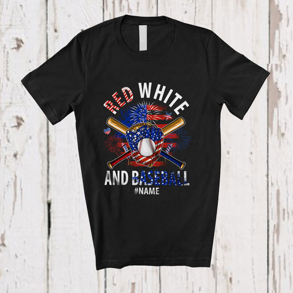 MacnyStore - Personalized Red White And Baseball; Amusing 4th Of July US Flag; Custom Name Player Patriotic T-Shirt