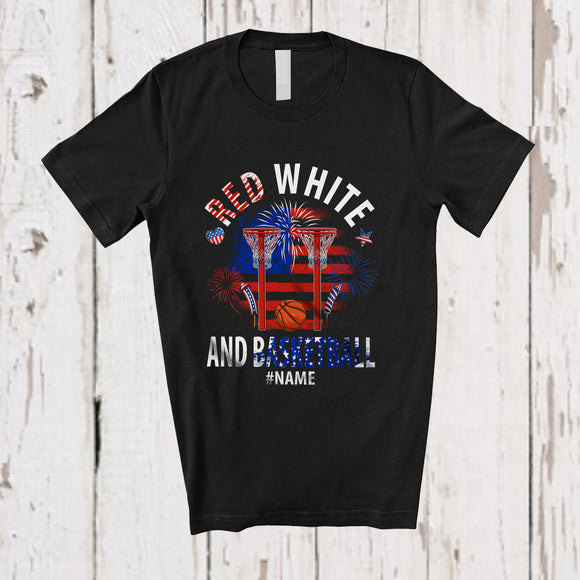MacnyStore - Personalized Red White And Basketball; Amusing 4th Of July US Flag; Custom Name Player Patriotic T-Shirt