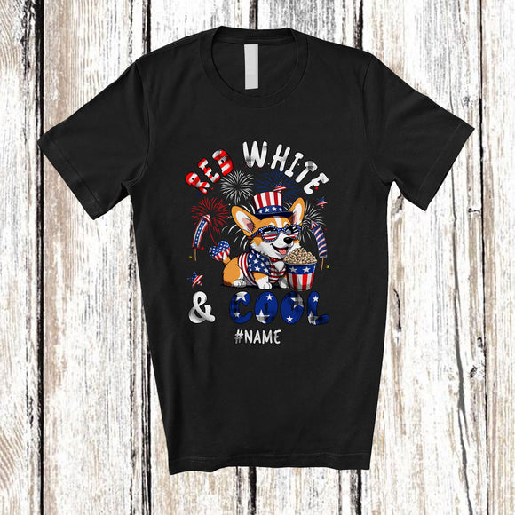 MacnyStore - Personalized Red White And Cool; Lovely 4th of July Custom Name Corgi Patriotic T-Shirt