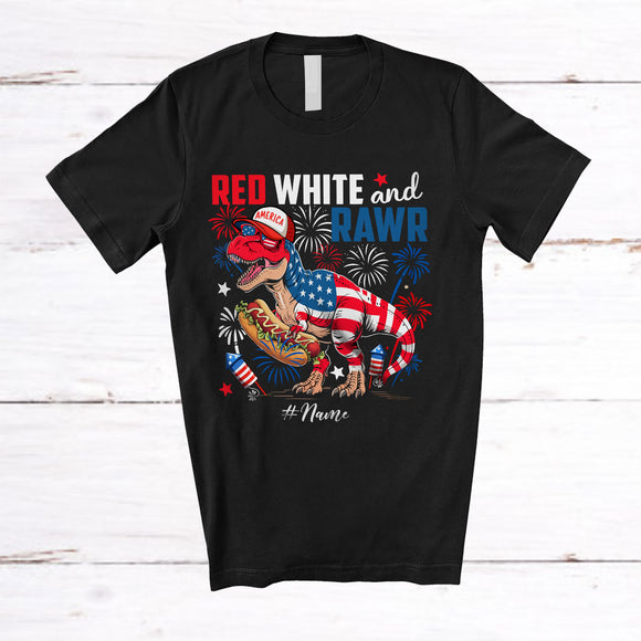 MacnyStore - Personalized Red White And Feral; Humorous 4th Of July T-Rex Eating Hotdog; Patriotic T-Shirt