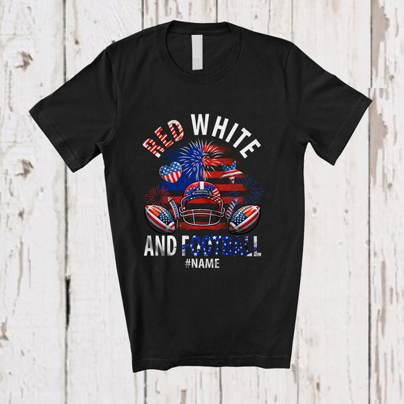 MacnyStore - Personalized Red White And Football; Amusing 4th Of July US Flag; Custom Name Player Patriotic T-Shirt