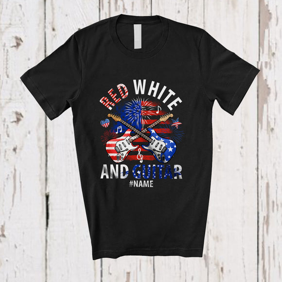 MacnyStore - Personalized Red White And Guitar; Amusing 4th Of July US Flag; Custom Name Player Patriotic T-Shirt