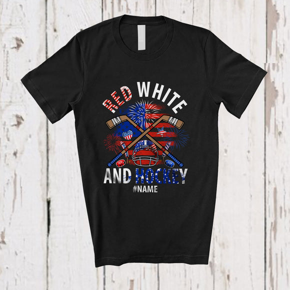 MacnyStore - Personalized Red White And Hockey; Amusing 4th Of July US Flag; Custom Name Player Patriotic T-Shirt