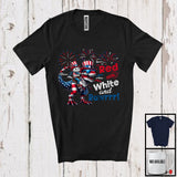 MacnyStore - Personalized Red White And Rawrrr, Lovely Custom Name 4th Of July Cat Riding T-Rex, Patriotic T-Shirt