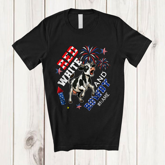 MacnyStore - Personalized Red White And Rowdy; Amusing 4th Of July Cow Custom Name Farmer Patriotic T-Shirt