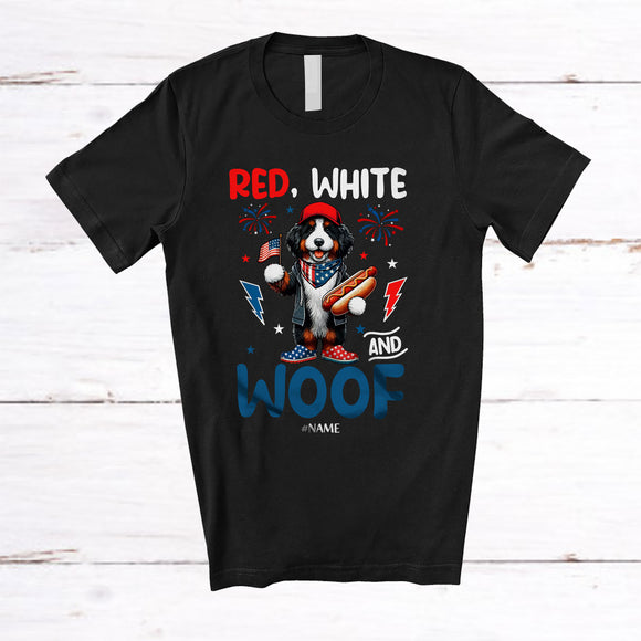 MacnyStore - Personalized Red White And Woof; Lovely 4th Of July Custom Name Bernedoodles Hot Dog; Patriotic T-Shirt