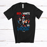 MacnyStore - Personalized Red White And Woof; Lovely 4th Of July Custom Name Bernedoodles Hot Dog; Patriotic T-Shirt