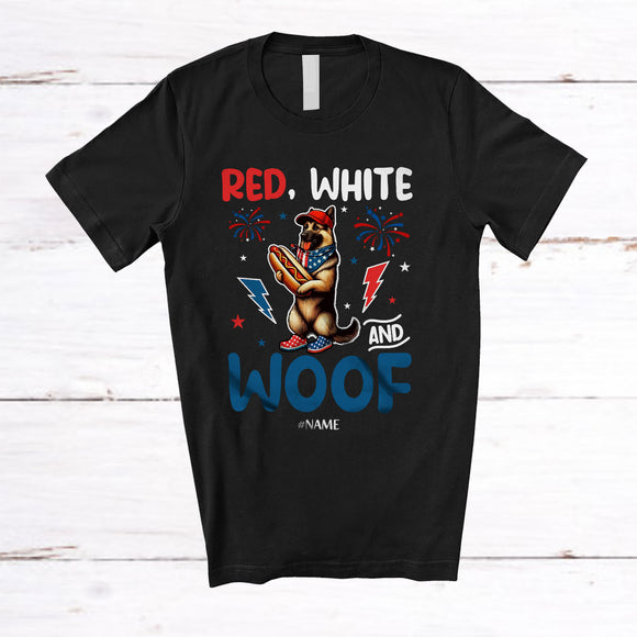 MacnyStore - Personalized Red White And Woof; Lovely 4th Of July Custom Name German Shepherd Hot Dog T-Shirt