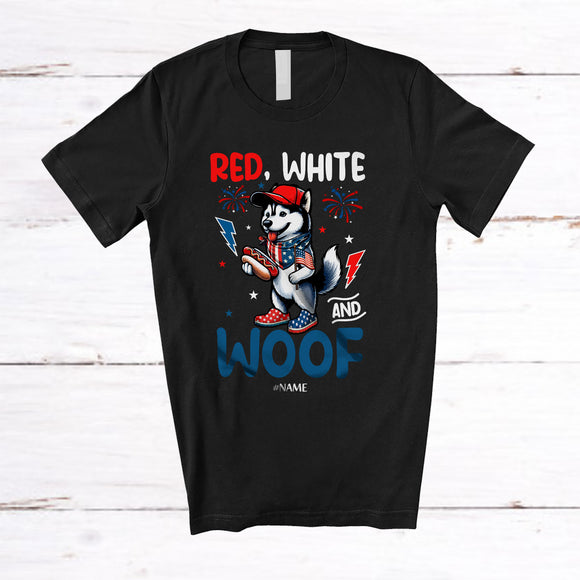 MacnyStore - Personalized Red White And Woof; Lovely 4th Of July Custom Name Pit Husky Hot Dog; Patriotic T-Shirt