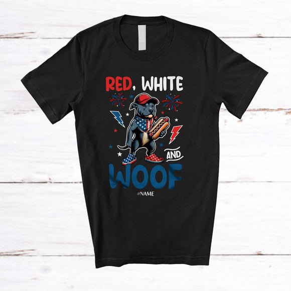 MacnyStore - Personalized Red White And Woof; Lovely 4th Of July Custom Name Pit bull Hot Dog; Patriotic T-Shirt
