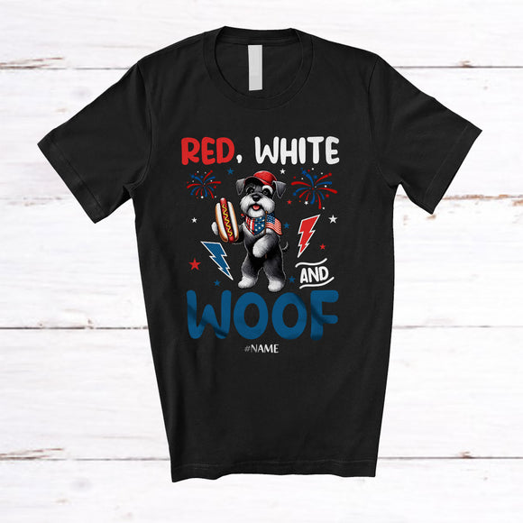 MacnyStore - Personalized Red White And Woof; Lovely 4th Of July Custom Name Schnauzer Hot Dog; Patriotic T-Shirt