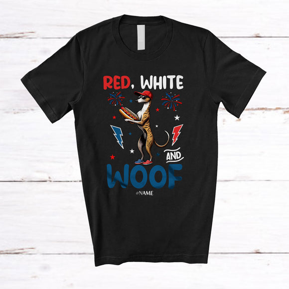 MacnyStore - Personalized Red White And Woof; Lovely 4th Of July Custom Name Whippet Hot Dog; Patriotic T-Shirt