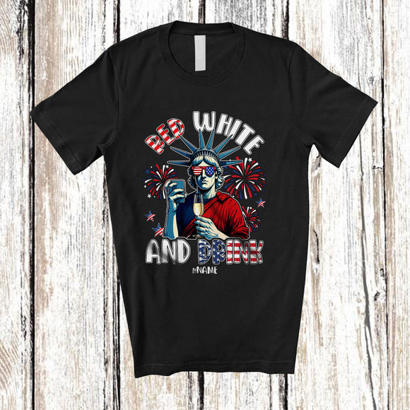 MacnyStore - Personalized Red White Drink; Joyful 4th Of July Custom Name Boy Men Drinking Champagne; Patriotic T-Shirt