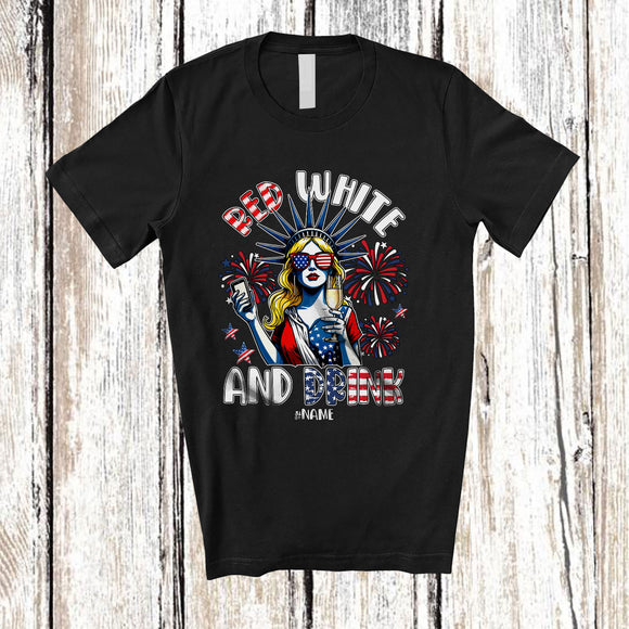 MacnyStore - Personalized Red White Drink; Joyful 4th Of July Custom Name Women Drinking Champagne; Patriotic T-Shirt