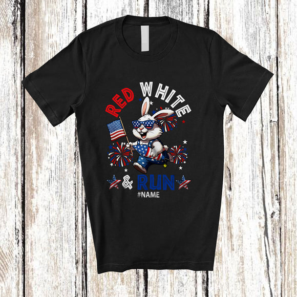 MacnyStore - Personalized Red White Run; Awesome 4th Of July Running Bunny Runner; Custom Name Patriotic T-Shirt