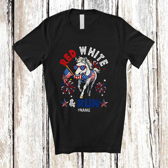 MacnyStore - Personalized Red White Run; Awesome 4th Of July Running Horse Runner; Custom Name Patriotic T-Shirt