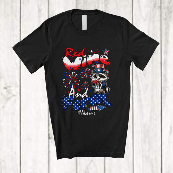 MacnyStore - Personalized Red Wine And Feral; Joyful 4th Of July Custom Name Raccoon US Flag; Patriotic T-Shirt