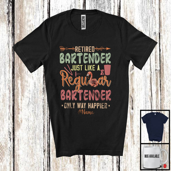 MacnyStore - Personalized Retired Bartender Definition Way Happier, Lovely Retirement Flamingo Flowers T-Shirt