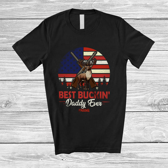 MacnyStore - Personalized Retro Best Buckin' Daddy Ever; Joyful Father's Day US Flag; Custom Name Deer Hunting T-Shirt