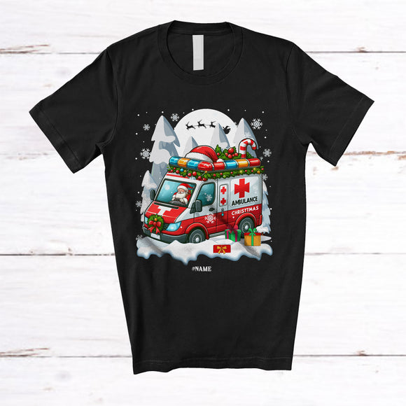 MacnyStore - Personalized Santa Driving Ambulance; Merry Christmas Custom Name Ambulance Driver; Family T-Shirt