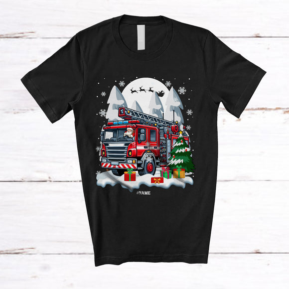 MacnyStore - Personalized Santa Driving Firefighter Truck ; Merry Christmas Custom Name Firefighter Truck  Driver T-Shirt