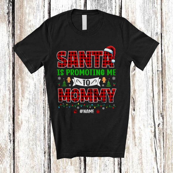 MacnyStore - Personalized Santa Promoting Me to Mommy; Amusing Christmas Pregnancy; Plaid Custom Name Family T-Shirt