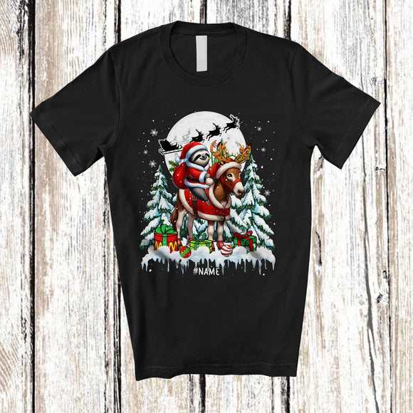 MacnyStore - Personalized Santa Sloth Riding Donkey; Lovely Christmas Tree Custom Name Farmer Family T-Shirt