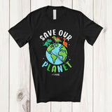 MacnyStore - Personalized Save Our Planet; Adorable Earth Day 2025 Custom Name T-Rex Dinosaurs T-Shirt