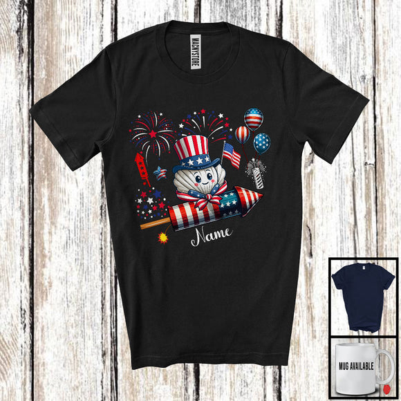 MacnyStore - Personalized Scallop Riding Firecracker, Lovely 4th Of July USA Flag Custom Name, Fish Sea Animal T-Shirt