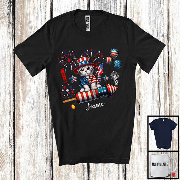 MacnyStore - Personalized Scottish Fold Riding Firecracker, Lovely 4th Of July USA Flag Custom Name, Kitten Owner T-Shirt